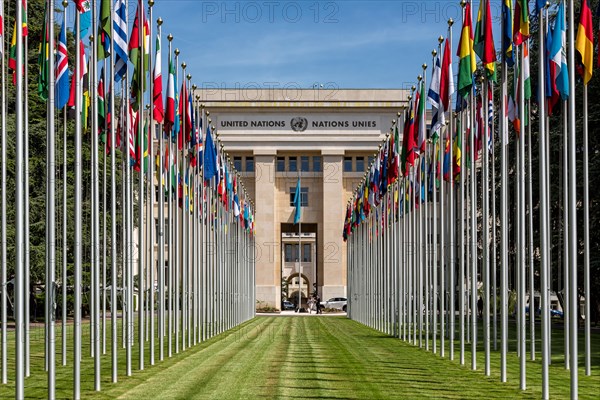 Flags in front of the Palace of Nations