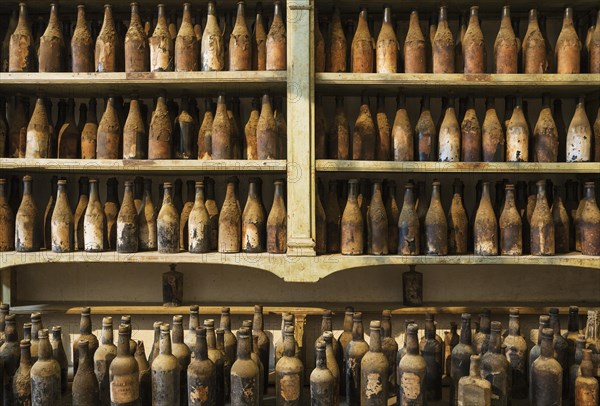 Showroom with old dust covered sherry bottles