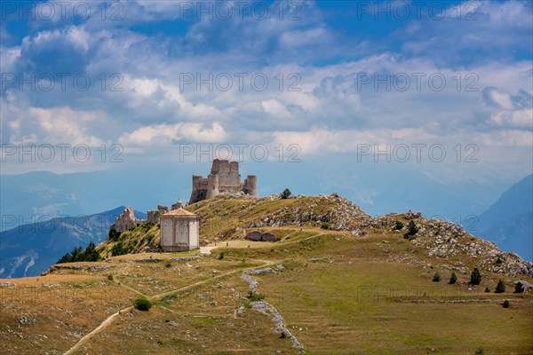 Panoramic view of Gran Sasso mountain with Santa Maria della Pieta and Rocca Calascio