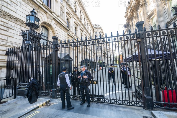 Barricade and police at the entrance to Downing Street