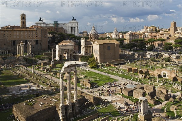 Top view of Roman Forum ruins with Temple of Vesta