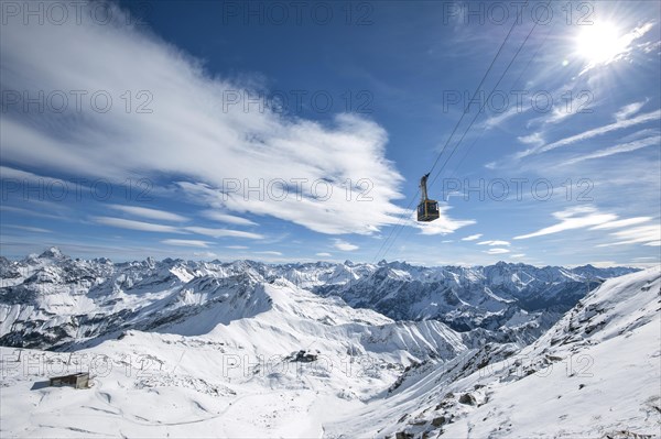 Nebelhorn cable car in front of snow-covered alpine panorama