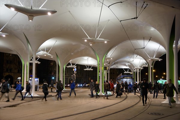 Tram stop and bus station Munchener Freiheit at night