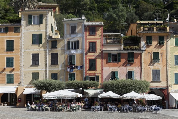Terraced cafe and colorful houses