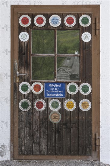 Stable door with milk yield plaques