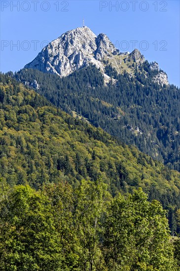 Mount Wendelstein with transmitter of Bayerischer Rundfunk at the top and mountain station of Wendelstein Rack Railway
