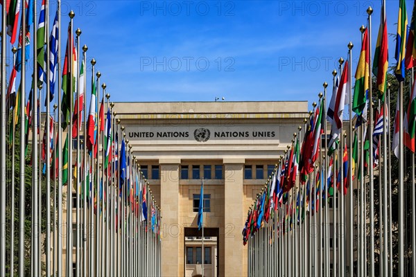 Flags in front of the Palace of Nations