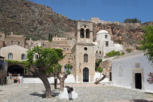 Main square with bell tower of the Byzantine Greek Orthodox church Christos Elkomenos