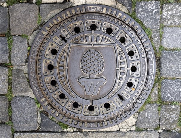 Cast iron ore manhole cover engraved with stone pine and Augsburg coat of arms