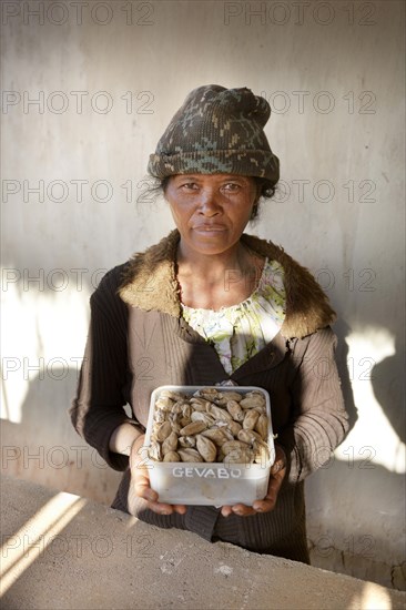 Breeder presenting farmed silkworm