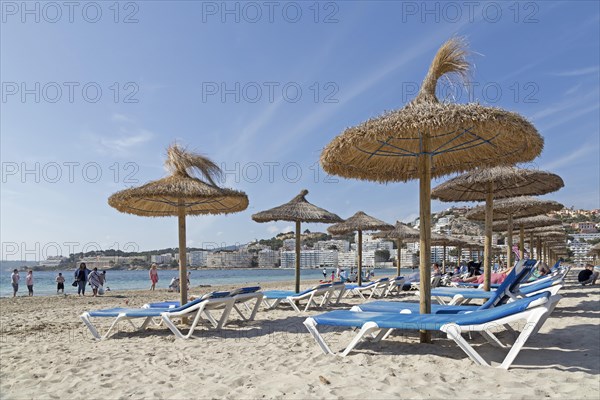 Beach with deck chairs and parasols