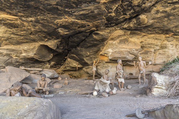 Reconstruction of a San camp with fireplaces in a cave