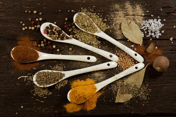 Various dried spices on small spoons