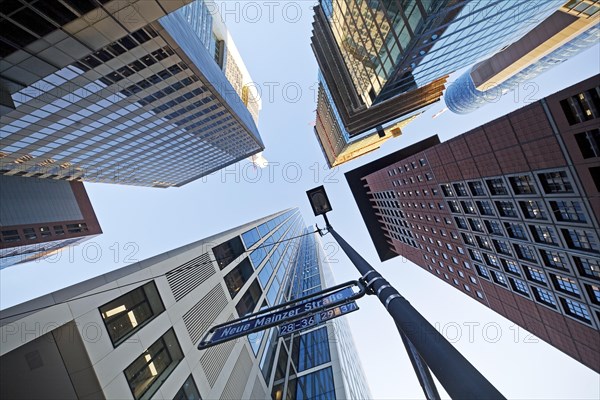 Frog's eye view of skyscrapers in the banking district