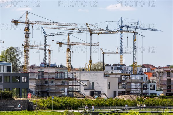 Construction site with many construction cranes