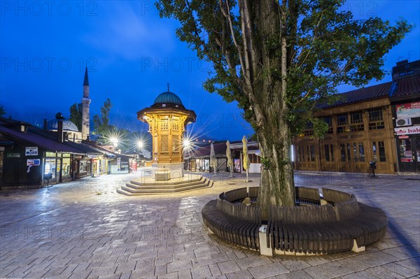 Illuminated Sebilj ottoman-style wooden fountain at sunrise