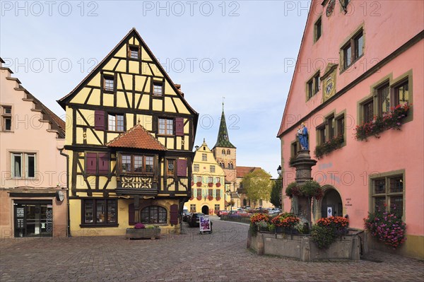 Old town with fountain and church Church of St. Anna