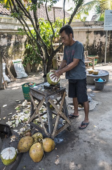 Man opening a coconut