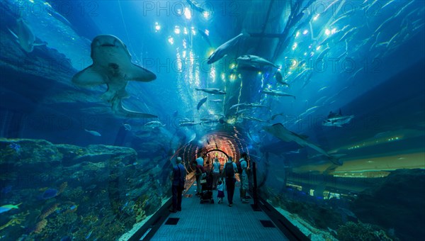 Underwater tunnels in the Dubai Aquarium and Underwater Zoo