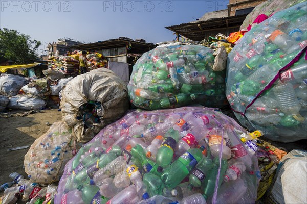 Big nets full of empty plastic bottles for recycling