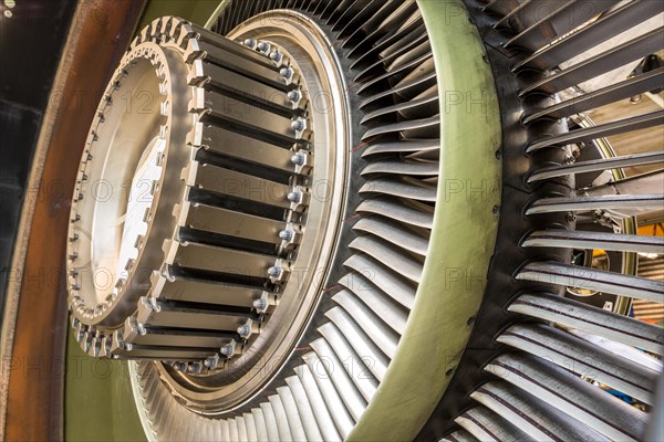 Close up of blades in an airplane engine during maintenance