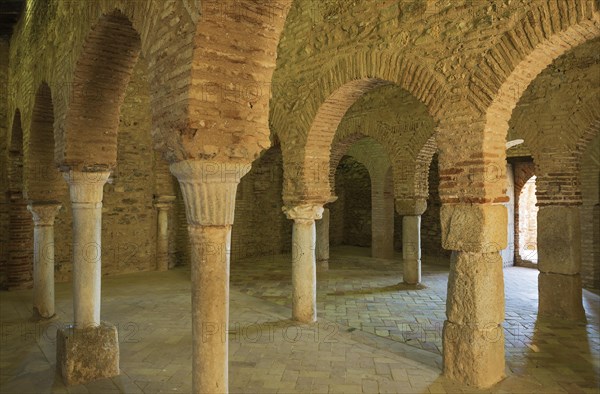 Brick horseshoe arches in mosque of Almonaster La Real