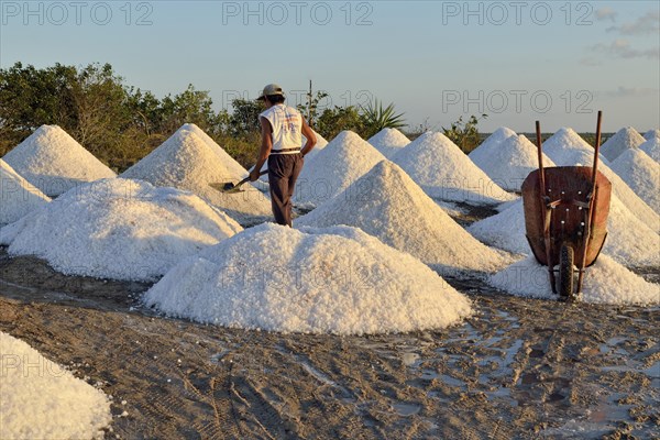 Worker between salt cones