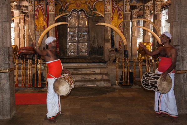 Drummers in front of holy shrine in Sri Dalada Maligawa or Temple of the Sacred Tooth Relic