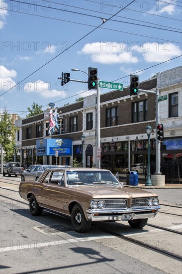 Pontiac classic car on Delmar Boulevard in front of the restaurant and music club Blueberry Hill