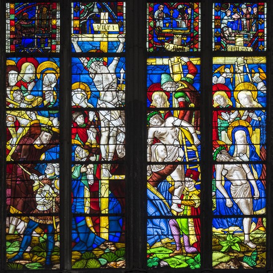 Colorful stained glass inside of Cathedrale Notre-Dame de Rouen cathedral