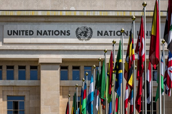 Flags in front of the Palace of Nations