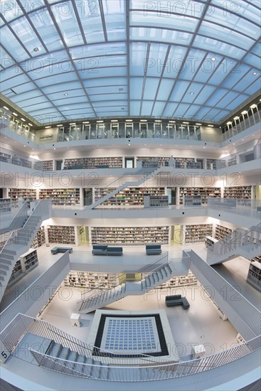 Gallery with stairs and view of city library