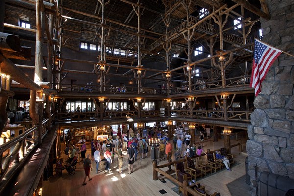 Lobby of Old Faithful Inn Hotel