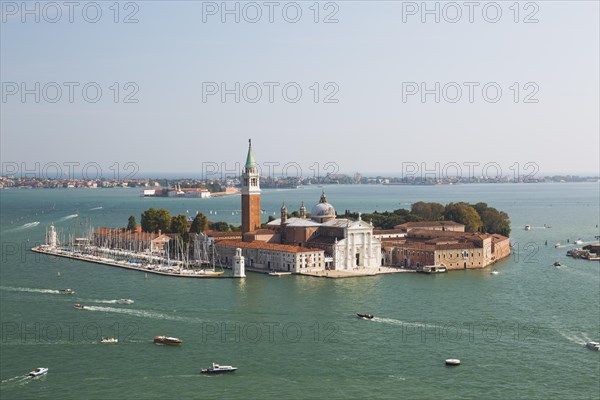 High angle view of 16th century Benedictine church of San Giorgio Maggiore on San Giorgio Maggiore Island