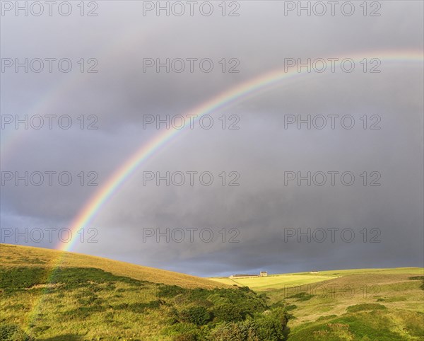 Double rainbow over meadow landscape