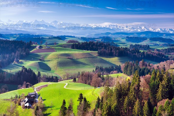 View from the Lueg over the Emmental with Bernese Alps in spring