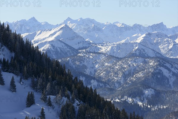 View from Wallberg to Karwendel Mountains in winter with Kaltwasser Karspitze