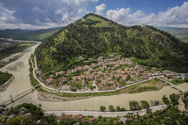 View on hilly landscape with Gorica district at the river Osum