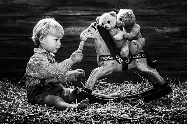 Three-year-old girl feeding rocking horse