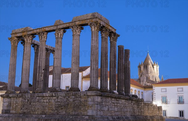 Roman temple of Diana in front of the Santa Maria Cathedral at twilight