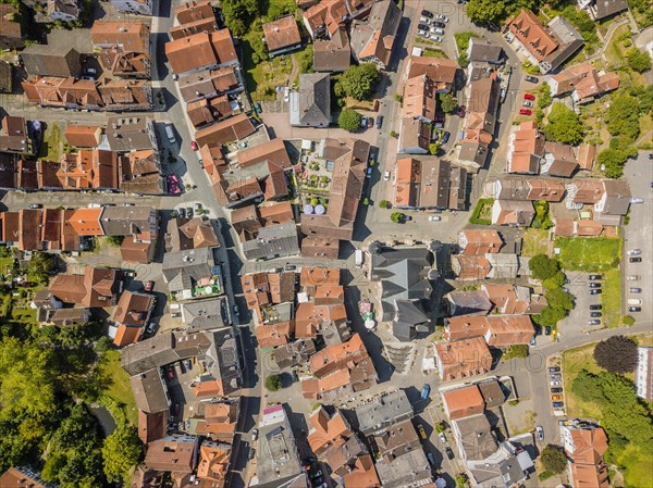 Drone image of charming little town creating architectural pattern