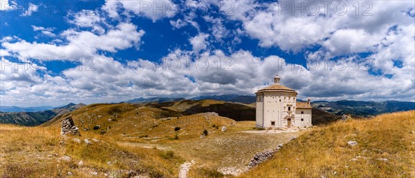 Church Santa Maria della Pieta with mountain massif Gran Sasso