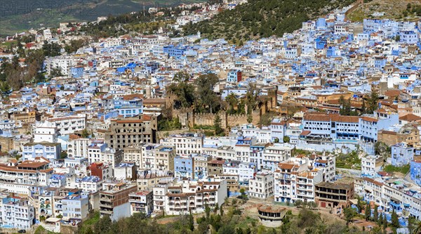 View on blue houses of the medina of Chefchaouen with Kasbah