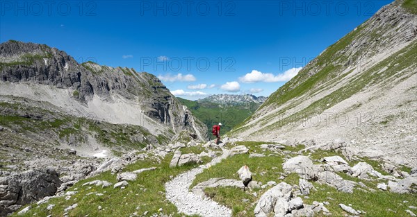 Hiker on hiking trail from Hochvogel to Prinz Luitpold Haus