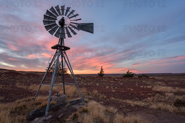 Pampa with old windmill on a farm in Bosques Petrificados de Jaramillo National Park