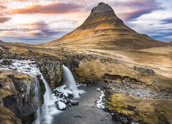 Mount Kirkjufell with Kirkjufellsfoss Waterfall