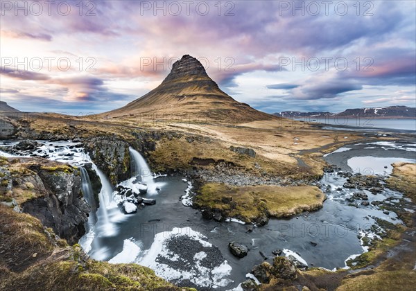 Mount Kirkjufell with Kirkjufellsfoss Waterfall