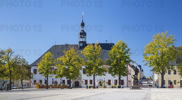 Market place with Duke Heinrich monument and town hall in Marienberg