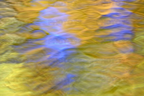 Reflection of treetops with autumn leaves on a wavy water surface