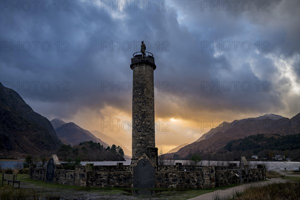 Loch Shiel with Glenfinnan Monument under threatening cloudy sky